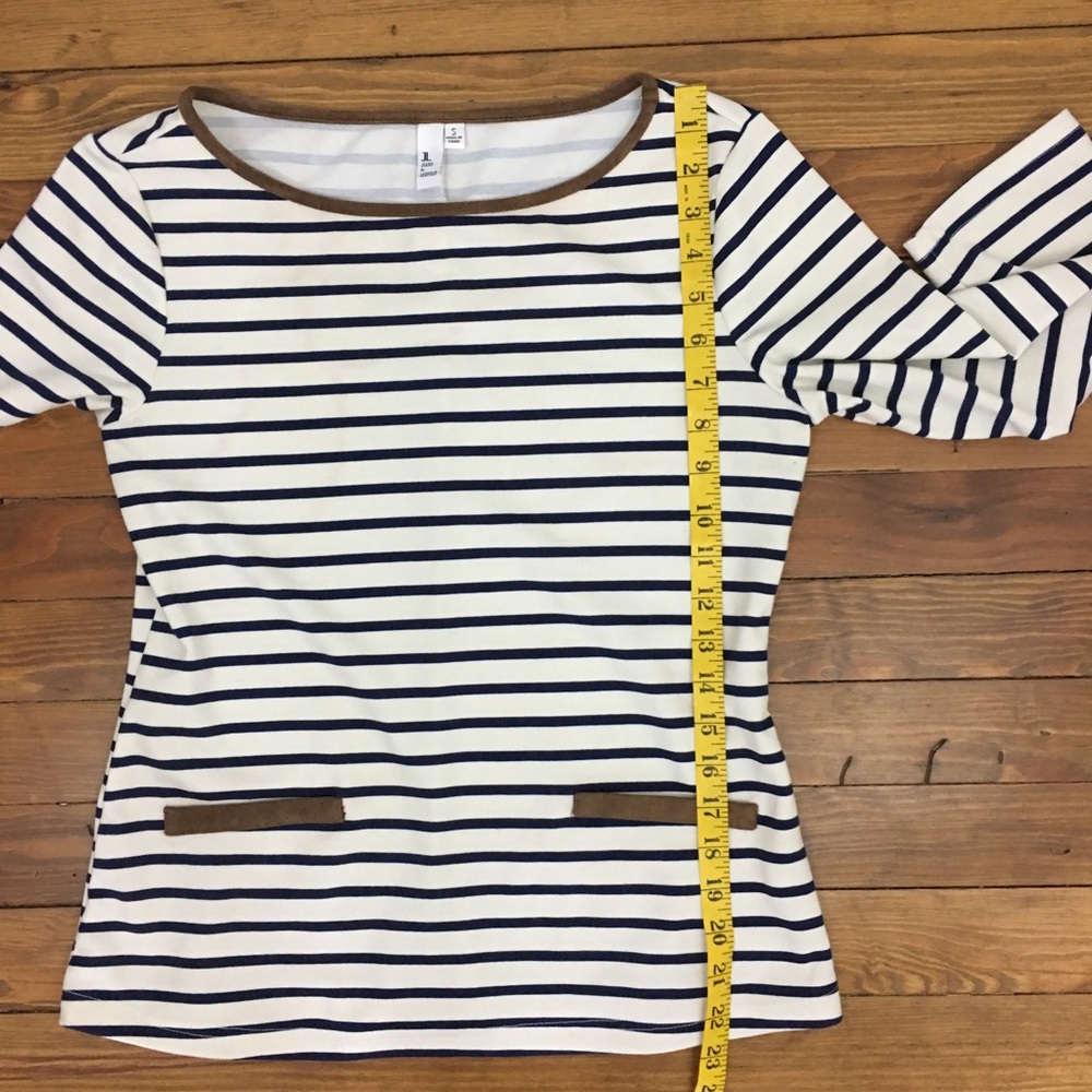 Navy Blue White Striped Suede Trim Top Size Small - Picture 7 of 8